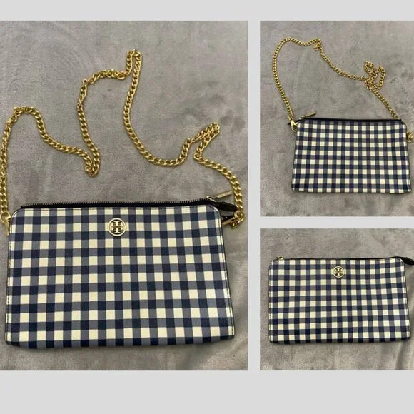 Tory Burch Robinson Navy Gingham Chain Strap Crossbody Clutch Bag 4936 - Picture 1 of 12